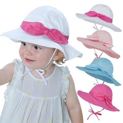 China Headwear 0-5 Years Bow Brim Cotton Baby Fisherman Soft Protective Infant Wide Outdoor Caps Sun Uv Kids Cute Bucket Hats With String for sale