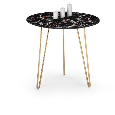 China Modern Hot Selling Marble Effect Round Glass Side Tea Coffee Table With Steel Gold Legs for sale