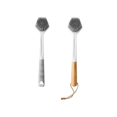 China Boomjoy 2021 High Quality Viable Plastic Handle Brush TPR Soft Head Pot Sweeps Kitchen Home Accessories Silicone Wood Stick for sale