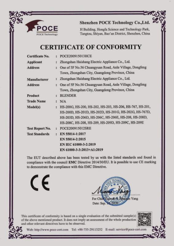 CE - Zhongshan City Haishang Electric Appliance Co., Ltd.