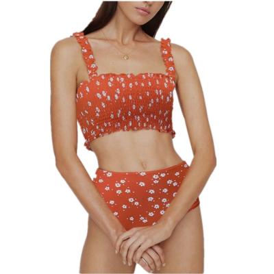 China 2022 breathable new design ruffle shoulder strap floral print tankini set two pieces swimwear for women for sale