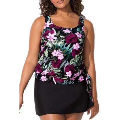 China New Arrival Breathable Side Tie Tankini Top With Skirt Plus Size Two Piece Swim Dress Swimwear Set for sale