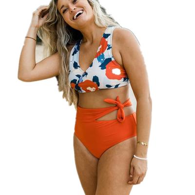 China Plus Size 2022 Hot Sale Floral Print Swimwear Orange Bikini Set Woman for sale