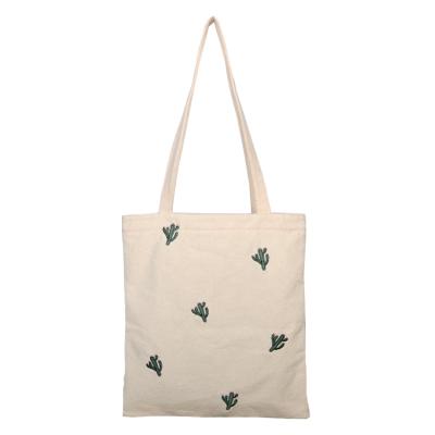 China Customized High Quality High Quality Canvas Zipper Tote Bag With Long Handle Cactus Embroidery Canvas for sale