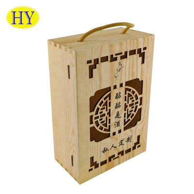 China Two Bottle Wine Box Retro Recyclable Wooden Wine Packaging Gift Box Wooden Box With Handle for sale