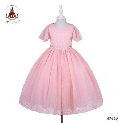 China Elegant Anti-wrinkle Gown Dresses Fashion Pink Lace Skirt Pink Party Birthday Wedding Kids Children Girl Dresses for sale