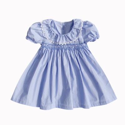 China Breathable Pure Blue Newborn O-neck Short Sleeve Vintage Little Girl Baby Smocked Dot Dress for sale