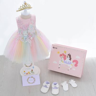 China Breathable Rainbow Embroidered Lace Up Newborn Baby Clothing Set Little Girls Formal Dressy Dress With Gift Box for sale