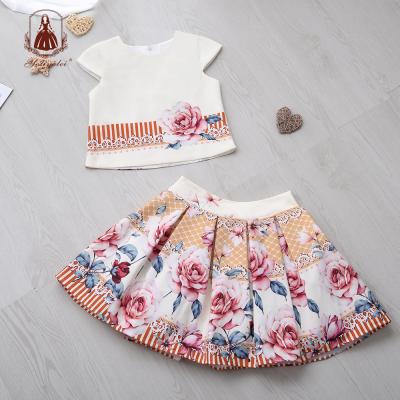 China 2020 New Summer New Sleeve Summer Children's Casual Beige Short Sleeve Girl's Clothing Teams Top + Skirt Flower Printed Dress Sets For Girl for sale