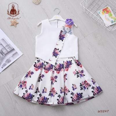 China Summer Casual Fashion New Arrival Kids Fabric Top& Skirt Sleeveless Girl Dress Set With Solid Flower for sale