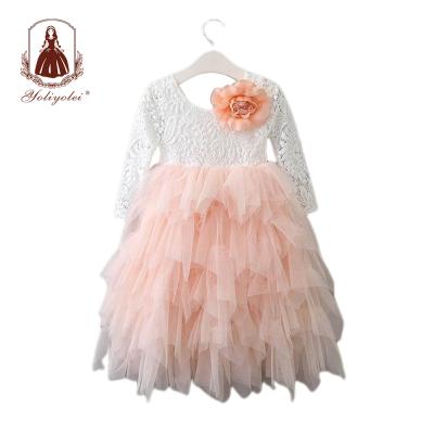 China Anti-Static Fashion Long Sleeve Kids Dress Tutu Design Polyester Tulle Layered Girl Dress With Big Flower for sale