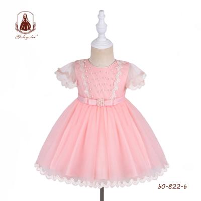 China Baby Wholesalers Elegant Princess Breathable Short Sleeve Crew Neck Layered Beading Party Baby Pink Dresses for sale