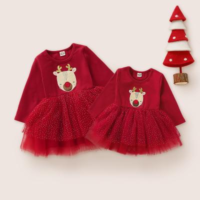 China Cotton Rose Red Little Girl Halloween Use Cute Tulle Edge Elk Pattern Winter Christmas Baby Dress Romper For Kids 0-2 Years Old for sale