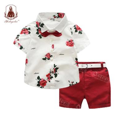 China Summer Boys Casual Clothing Sets Children Clothing Set Kids Boy Clothes Flower Tie Shirts+Shorts 2pcs Gentleman Costume for sale