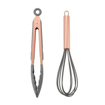 China Non Slip Viable High Quality Copper Plated Clip Egg Beater Beater Stand Up Gold Silicone Food Tongs Kitchen Set for sale