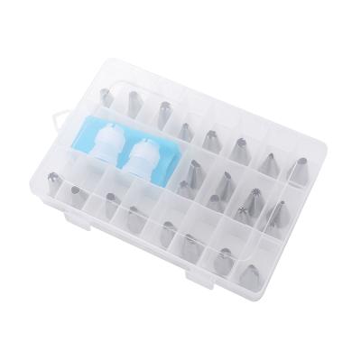 China High Quality Sustainable In Stock 28pcs Stainless Steel Spout Set Icing Piping Tips Pastry Bag And Coupler With Container Easy To Store for sale