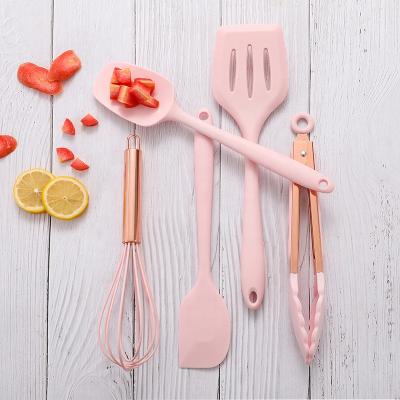 China Viable Newcomer In Stock 5pcs Silicone Kitchen Utensil Set Kitchenware Cookware Kitchen Tool Kit Mounted Gold Tongs Beater for sale