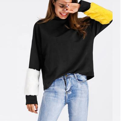 China Custom Color Block Sleeve Faux Fur Neck Faux Fur Top Anti-pilling Sweatshirt for sale