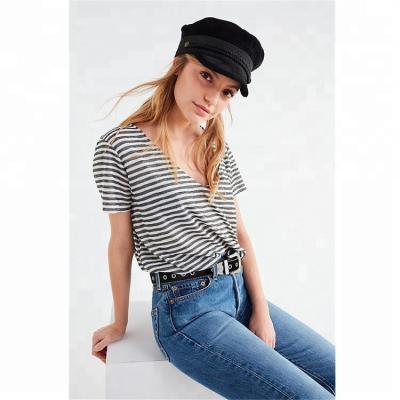 China Wholesale Custom Rayon V-Neck Anti-Pilling Stripe Textured Knitted T-Shirt for sale