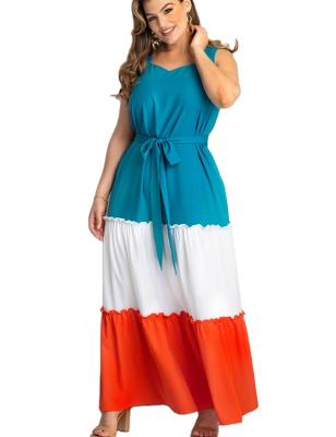 China 2021 Summer Sweetheart Neckline Color Block Patchwork Viable Casual Sleeveless Woman Long Plus Size Maxi Dress for sale