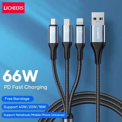 China Quick Fill & Data Transfer Licheers 66W 3 IN 1 USB Cables 6ft Multi Function 1.8m Fast Charging Type-C Cable Apple iPhone Lightning Micro USB C Charger for sale