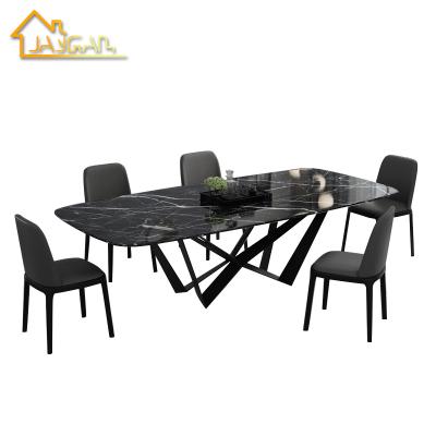 China Nordic luxury metal steel base furniture dining room villa home K/D style marble dining table and chairs for sale