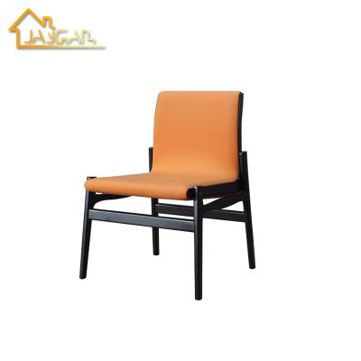 China Hot Sale Customization Dining Room Furniture Commercial Wooden Orange Leather Dining Chairs No Armchairs for sale