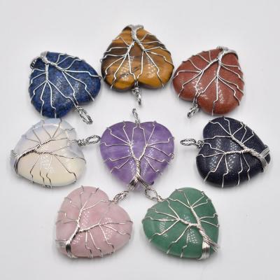 China Jewelry Wholesale Good Quality Handmade Color Tree of Life DIY Necklace Pendants White Wrap Wire of Natural Heart Shape Gemstone Stone Pendants for sale