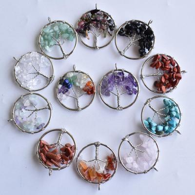 China Wholesale Natural Gemstone Material Mixed Natural Stone Chips Tree of Life Handmade Wire Color Wire Wrapped Pendants 30mm For Jewelry Writing for sale