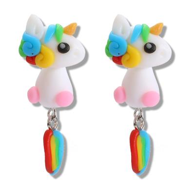 China 2021 fashion cute rainbow unicorn pony cute animal handmade cute jewelry clay earrings for sale