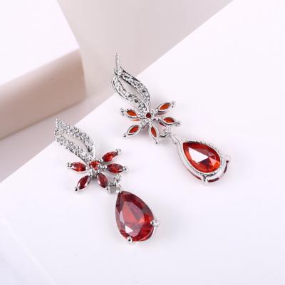 China Office/Career Fashion 2021 Dangling Drop Earrings For Women Fine Jewelry 2021 Flower Red Zircon Dangling Drop Shape Stone Earrings for sale