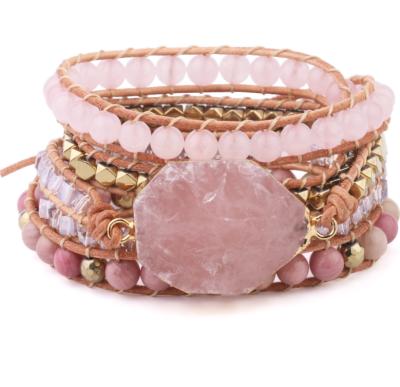 China BOHEMIA Bracelet Rose Quartz Leather Charm Wrap Natural Crystal Bracelets For Women Rose Gems Crystal Beads Bohemia Jewelry 5 Strand for sale