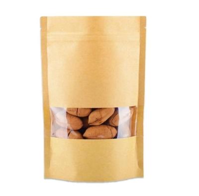 China Plain Brown Kraft Paper Food Packaging Bag Smell Proof Moisture Proof With Clear Window For Nuts, Dried Fruits, Coffee, Snacks for sale