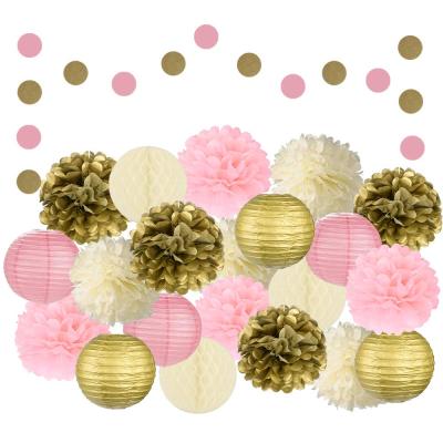 China Wedding Decoration 22 Pcs Mixed Rose Gold Party Decorations Ivory Paper Flower Pom Poms For Birthday Wedding Supplies for sale