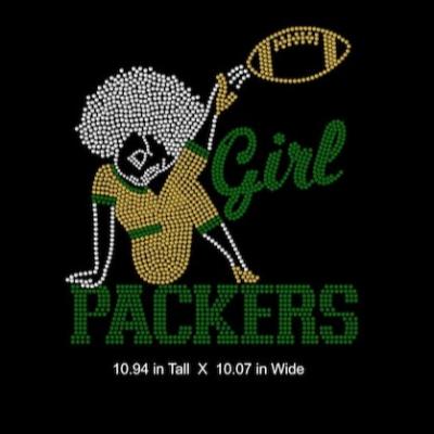 China Custom Green Bay Packer Flatback Soccer Girl Hotfix Rhinestone Transfer Sticker for sale