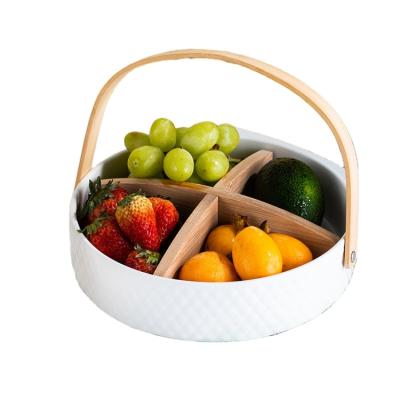 China Lanfengye Round Sustainable Snack Dish Dried Fruit Ceramic Dessert Basket With Wooden Handle Portable Fruit Tray for sale