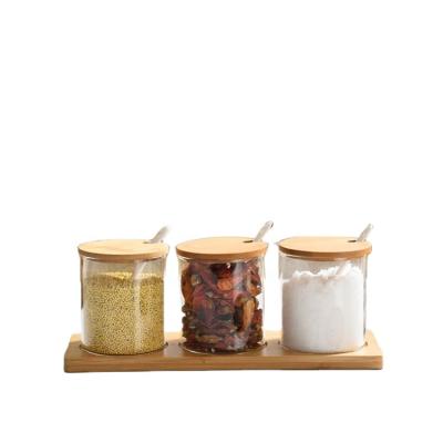 China Lanfengye Viable Kitchen Spice Container Glass Condiment Jar Set Glass Seasoning Jars Set With Wooden Tray for sale