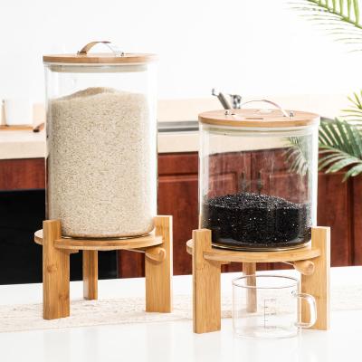 China Freshness Preservation Lanfengye Food Storage Container Glass Rice Jar With Wooden Rack Eco-friendly Storage Container for sale