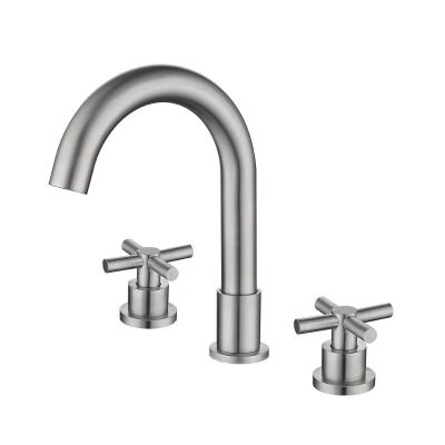 China Faucets Factory Price Stainless Steel Metered Widespread 304 3 Hole Mounted Brushed Nickel Vanity Sink Faucet for sale