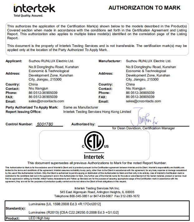 ETL - Shanghai Ileding Lighting Technology Corporation