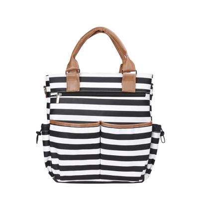 China Durable Multifunctional Black And White Stripe Travel Outside Mom Baby Diaper Maternity Tote Bag for sale