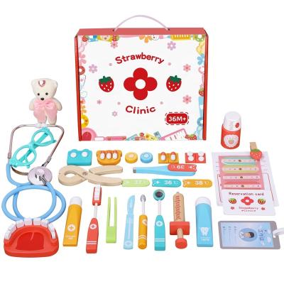 China Eco-friendly Material Wood Pretend Doctor Bag Set Child Dentist Role Play Kids Education Medicine Box Kit Tools Doctor Toy for sale