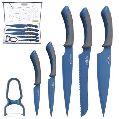 China Sustainable Knife Set Santoku Blue Deluxe Kitchen Peeler Stainless Steel Gift Set Kitchen Knives Chef 6PCS for sale