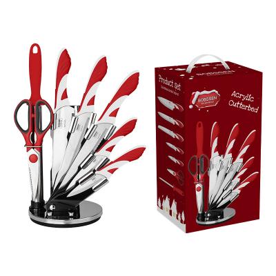 China Christmas Disposable Style Red Handle With Sharpener Stainless Steel Kitchen Knife 7 Piece Set for sale