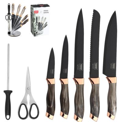 China Kitchen Messer Bases 8pcs Disposable Marble Coated Chef's Knives Sharpening Steel Sharpener Kitchen Scissors Spinning Knife Holder for sale