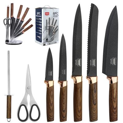 China ODM 8Pcs Disposable Black Factory Stainless Steel Non-Stick Kitchen Knife Block Set With Plastic Handle Rose Gold Plating Bolster Wood Grain for sale