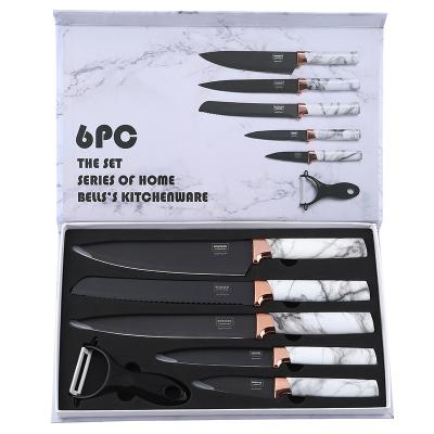 China Amazon Viable Product Gift Box 6PCS Black Cuchillo Set Marble Coating Handle Non Stick Stainless Steel Knives Kitchen Knife for sale