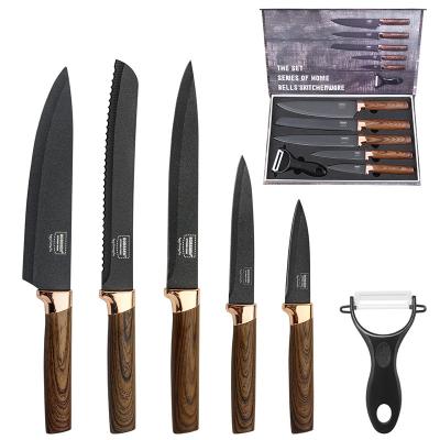 China China Manufacturer Wooden Knives 6pcs Durable Grain Handle Black Marble Non Stick Coated Stainless Steel Chef Knife With Magnet Gift Box for sale