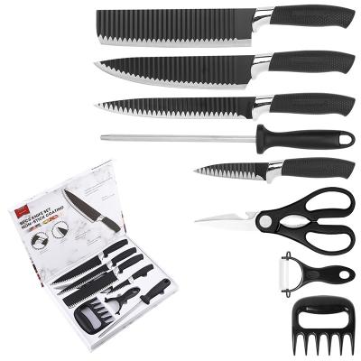 China Viable in Stock Black 8 PCS Non Stick Stainless Steel Knives Set with Sharpener Peeler Scissors Meat Claw in Gift Box for Home Kitchen for sale