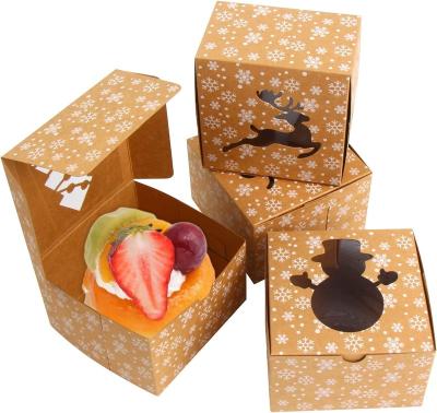 China Recyclable Holiday Pastries Foldable Treat Boxes Environmental Friendly Brown Kraft paper Cake Box Christmas With Transparent Windows for sale